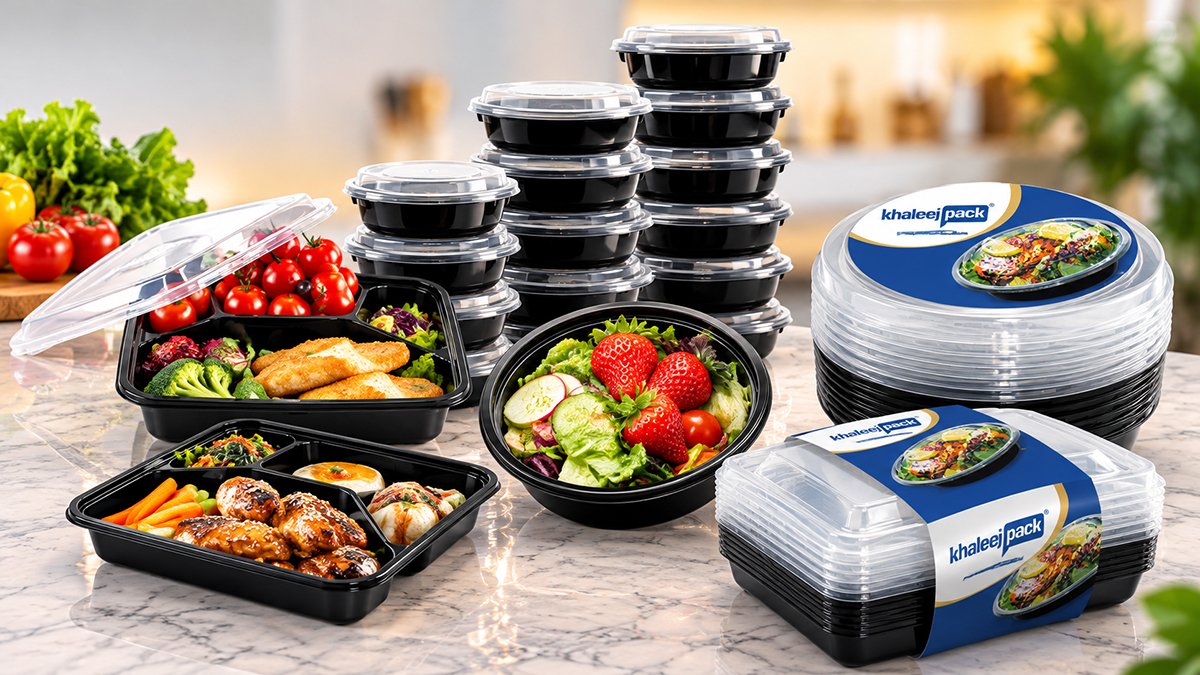 Khaleej Pack Black Base Containers with Clear Lids for Food Packaging in UAE